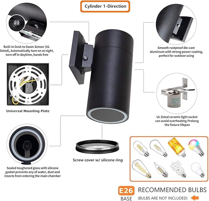 Dusk to Dawn Sensor Outdoor Wall Light, Exterior Lighting -ETL Listed, Aluminum Anti-Rust Waterproof Wall Mount Cylinder Design, 1-Direction Up or Down Light Fixture for Porch,Patio or Doorway