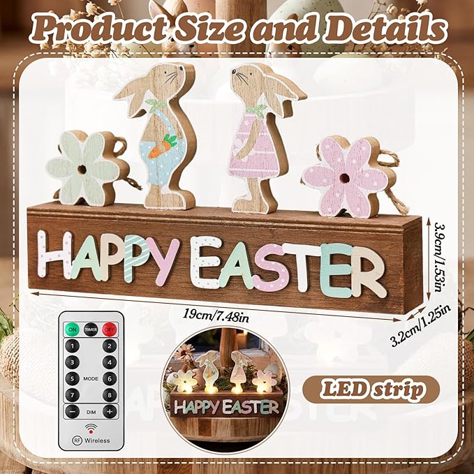 Yousoontic Light up Happy Easter Sign Wooden Easter Bunny Decoration for Home Neutral Bunny Block Rustic Farmhouse Holiday Decorations for Home Dining Room Kitchen Spring Decor