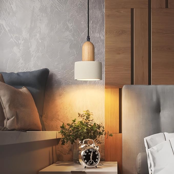 Modern Cement Pendant Lights White Chandelier Wooden Ceiling Lights for Bedroom Dining Room Living Room Kitchen Island bar（3 Pack）