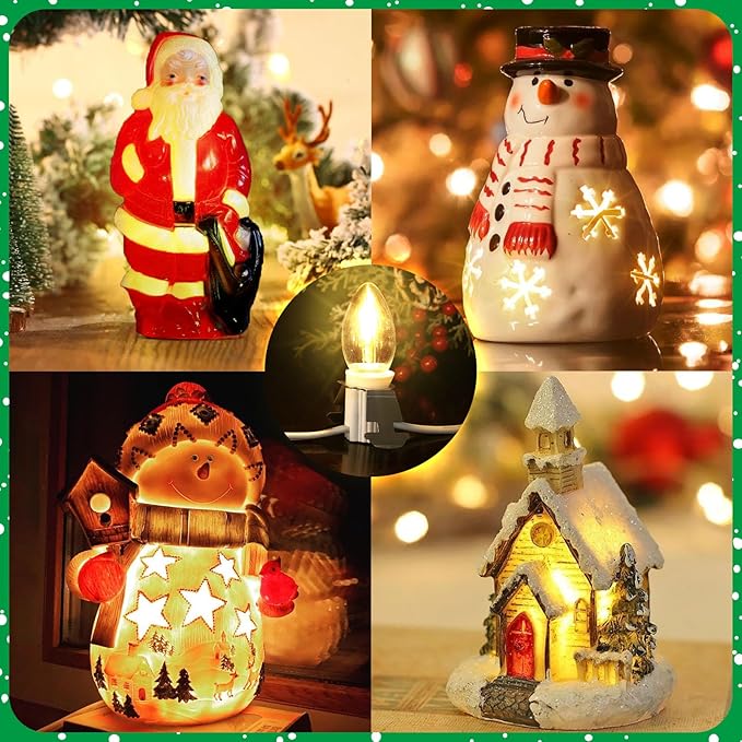 Accessory Cord with 6 LED Light Bulb Christmas Village Lights 11.8ft C7 Lamp Village Light Cord with Switch & Spare Fuse for Salt Lamp, Halloween Pumpkin, Xmas Village House Blow Mold
