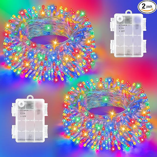 Christmas Lights Outdoor Battery Operated Total 100LED 33ft for Christmas Decorations 16.4Ft*2, 50LED*2 Waterproof Indoor with Timer for Christmas Decor, Multicolor