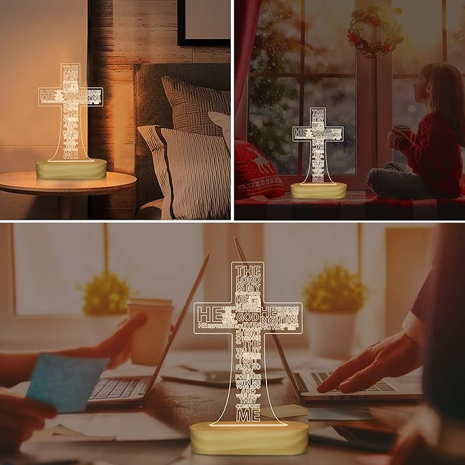 Jesus Cross 3D Night Light, Christian Gifts for Boys Girls, Christmas Gift Warm White Wooden Handmade, The Lord Desk Lamps Room Home Decor Xmas Birthday Easter Cross Gifts