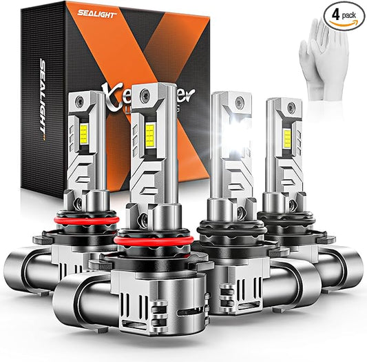 SEALIGHT 9005 9006 Bulbs, 96,000LM 900% Brightness HB3 HB4 Light Bulbs, 6500K Cool White Bulbs with 15000RPM Fan, Plug and Play ATV/UTV, 10-Year Extended Lifespan IP68 Waterproof, Pack of 4