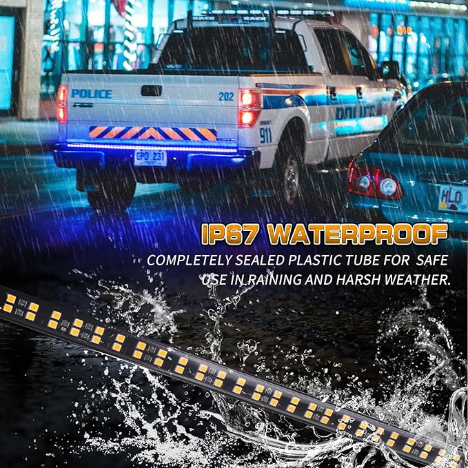 XRIDONSEN 60 inch Blue Emergency Lights Strip 360 LED Truck Tailgate Rear Window Police Firefighter Lights Strobe Flashing Warning Hazard Safety First Responder for Vehicles POV Pickup Trucks