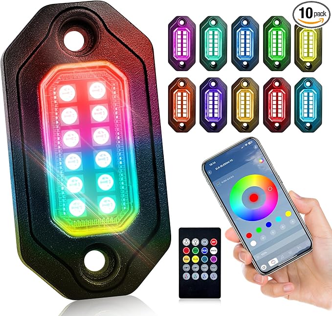 RGB LED Rock Lights Kit, 10 pods Multicolor Neon Light with Bluetooth App/Remote Control Flashing Music Mode, Aluminum Metal, IP68 Waterproof, 12v for Truck ATV UTV SUV