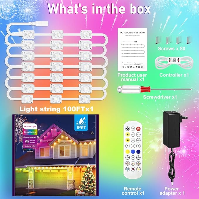 MUCCCUTE Permanent Outdoor Lights for Easter100ft RGB + IC Eaves Lights with App & Remote Control, Outdoor String LED IP67 Waterproof for Holidays New Year July 4th Roof Eaves House Garden Decor