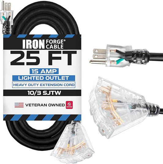 Iron Forge Cable 10 Gauge 25ft Lighted Outdoor Heavy Duty Extension Cord with 3 Outlets - 15 Amp 10/3 SJTW Black Extension Cord with Multiple Outlets
