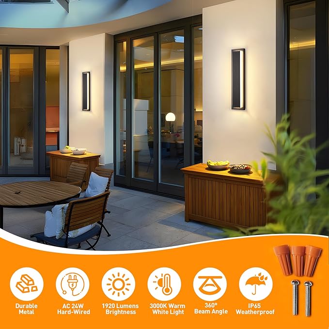 24 in Porch Lights Outdoor Sconce Lights,Modern Exterior Front Door Lighting Fixtures,Black Led Long Outdoor Wall Light,Waterproof Outside Lights for House,Patio,Garage,24 W Warm White 1 Pack