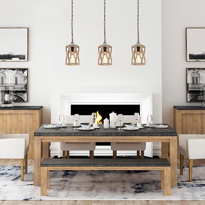 KSANA Farmhouse Wood Pendant Light, Cage Lantern Hanging Light Fixture for Kitchen Island, Foyer, Hallway, Bedroom and Entryway