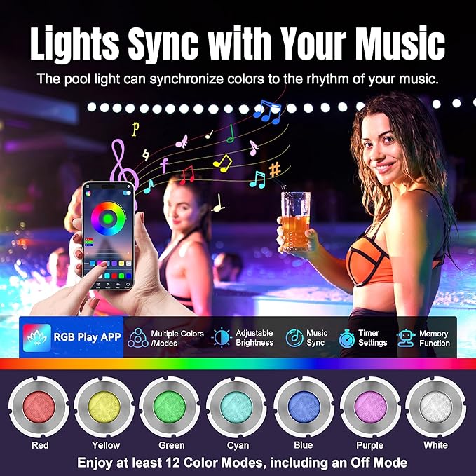1.5 Inch LED RGBW Multicolor Inground Pool Light and Spa Light, IP68 Waterproof, AC 120V, 50ft Cable with Controller, APP & Remote Control