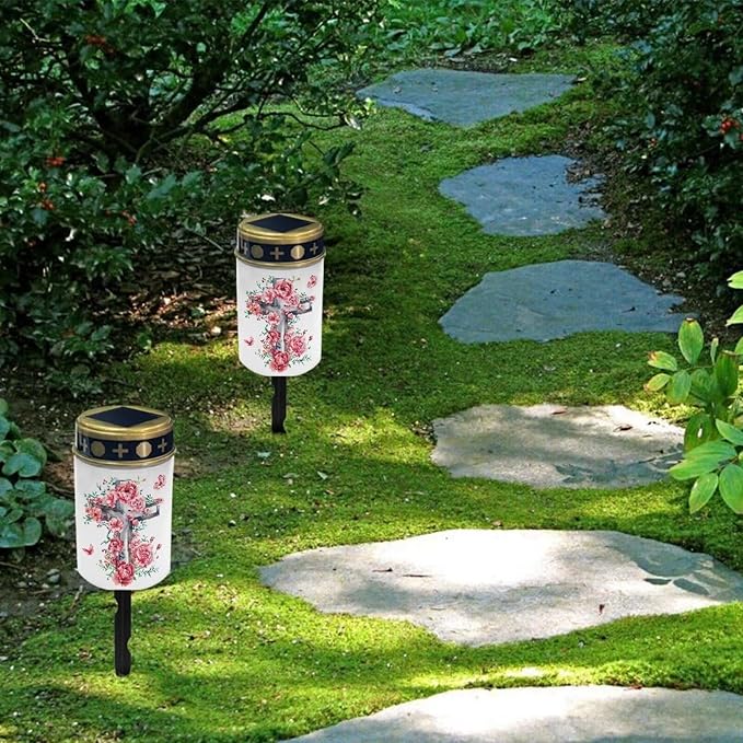 Light for Prayer Cemetery Solar Lights for Grave Cemetery Decor Candle Lamp Rose Cross Solar Powered Landscape Lights for Grave Memorial Gift Decor