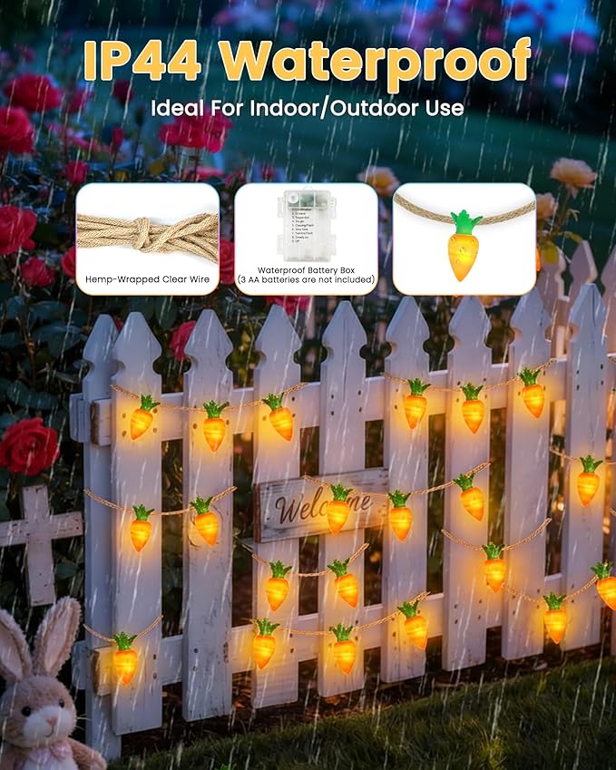 YIQU Easter Decoration String Lights, 10FT 12LED Indoor Carrot Mantel Garland Battery Operated with Remote Timer 8 Modes, Hemp Rope Banner for Fireplace Table Wall Spring Party Indoor Outdoor Decor