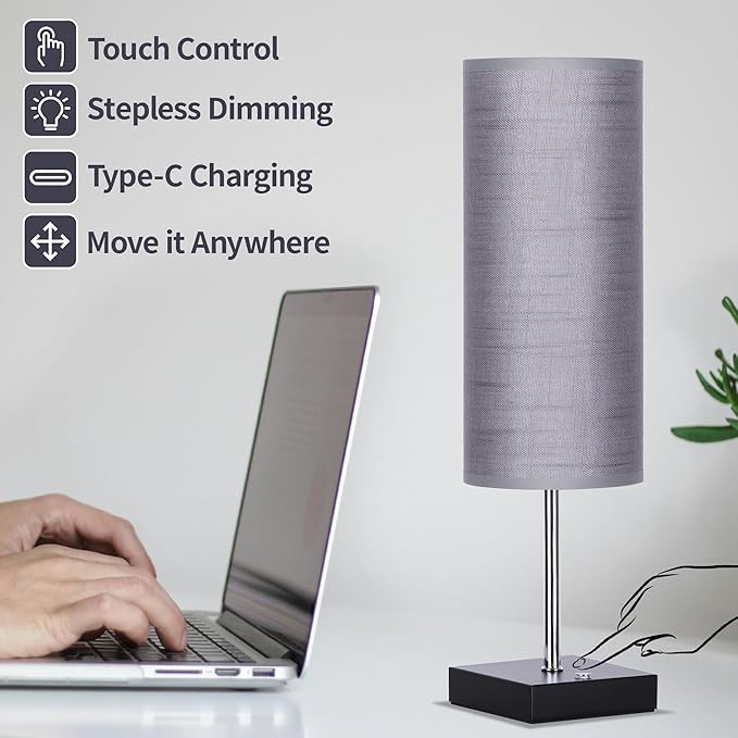 18Inch Cordless Lamp Table Lamps set of 2, 5000mAh Rechargeable Beside Table Lamp for Living Room, 2700K Battery Operated Small Bedroom Desk Lamp for Night Stand Grey Shade for Home（Bulb Included）