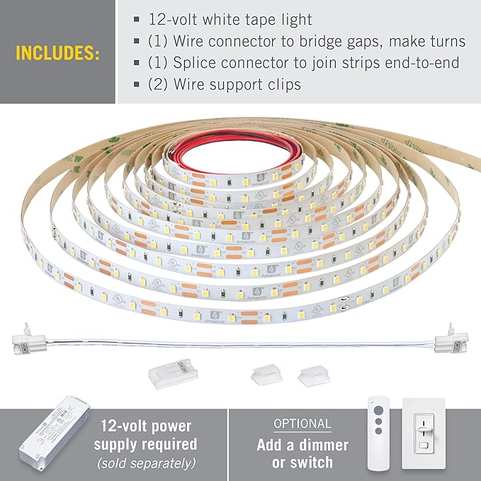 Armacost Lighting RibbonFlex Pro 12V White LED Strip Lights 60 LED/m, 2700K, 16.4 ft 132230