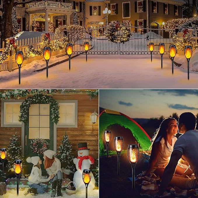 Solar Halloween Lights Outdoor, 2 Pack LED Torch Lights Flickering Flame, Waterproof Tiki Torches for Outside Landscape Decoration Lighting for Lawn, Yard, Halloween Decorations (Warm White-2 Pack)