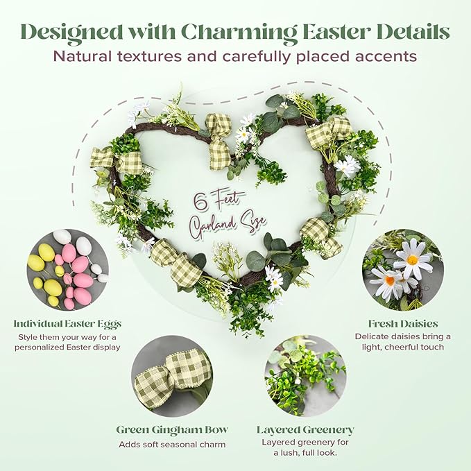 6ft Easter Garland Decorations, 2-in-1 Easter Garland-to-Wreath for Mantel, Fireplace with 18 Pastel Eggs, LED Lights and Storage Bag, Easter Decor for Front Door, Window, Table, Entryway