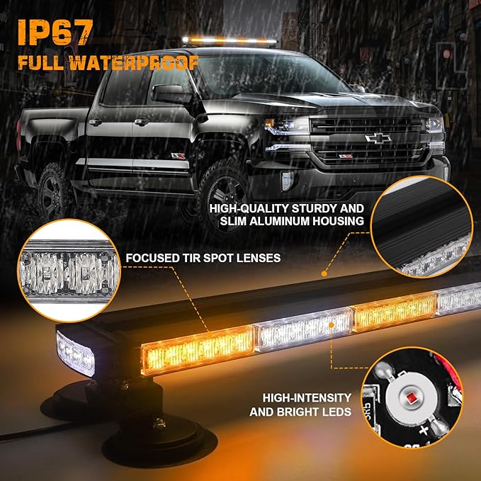XRIDONSEN 37" 104 LED Roof Top Strobe Light Bar Amber White Emergency Traffic Advisor Lights Double Side Warning Safety Flashing w/Magnetic Mount for Construction Vehicles Plow Trucks Pickup Wrecker