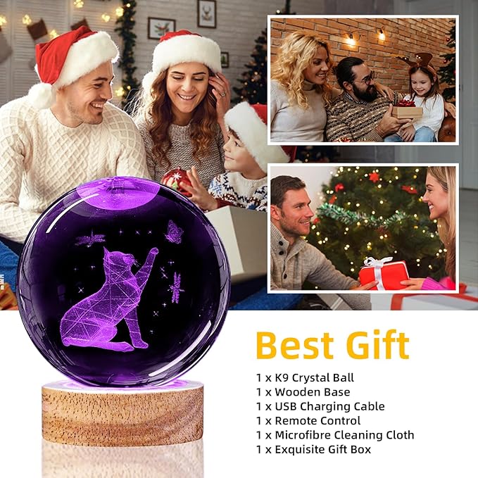 3D Cat Crystal Ball Night Light Cat Lover Gifts for Women Upgraded 3.15 In Cat Figurines Glass Ball Home Decor Lamps with 16 Color Cat Collectibles Snow Globes Gift for Girl Cat Lamp for Her Mom