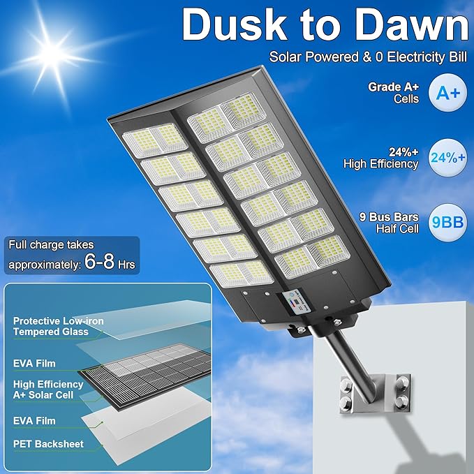 Solar Street Lights Outdoor Waterproof 9000W - LED Solar Powered Street Light Dusk to Dawn with Mention Sensor, Heavy Duty Large Outdoor Solar Lights for Commercial Parking Lot/Garden/Yard/Pathway