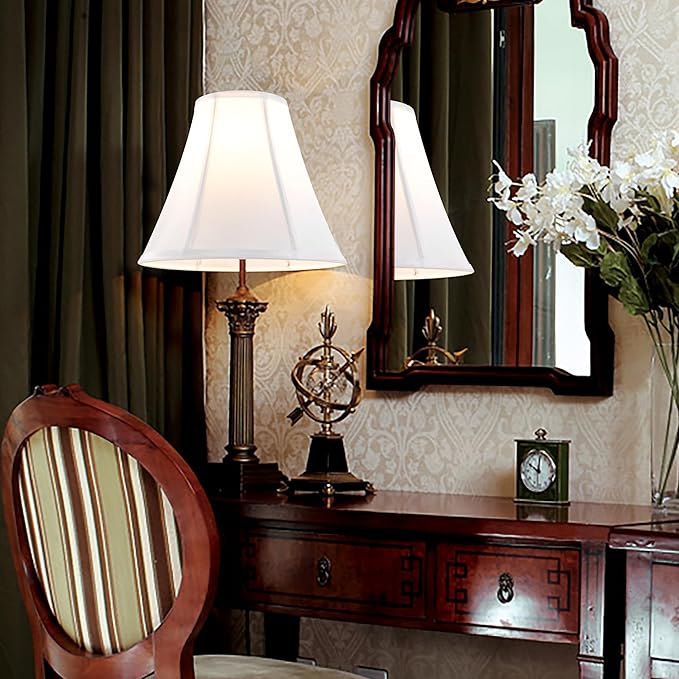 Bell Lamp Shades Set of 2 White Medium Lamp Shade 6" Top x 13" Bottom x 9.8" High(Spider) Modern Lamp Shade for Table Lamp & Bedside Lamp - Side Ribbing Hand Crafted Lampshade Replacement by GO&SO