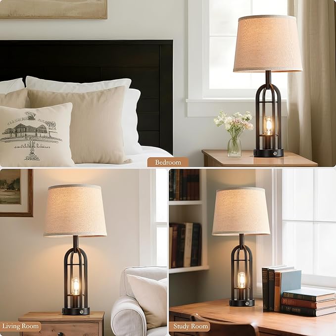 24" Table Lamps for Living Room Set of 2, Farmhouse Industrial 3-Way Dimmable Touch Bedside Lamps with USB A+C for Bedroom Nightstand，4 Bulbs Included