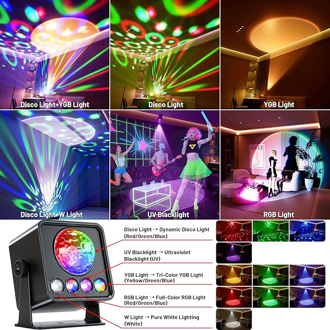 OIEZISRO Disco Ball Party Lights Disco Light Sunset Lamp Projector with RGB+UV+White+YGB Sound Activated LED DJ Strobe Stage Light for Home Parties Living Room/Christmas/Halloween/Birthday/Wall/Decor