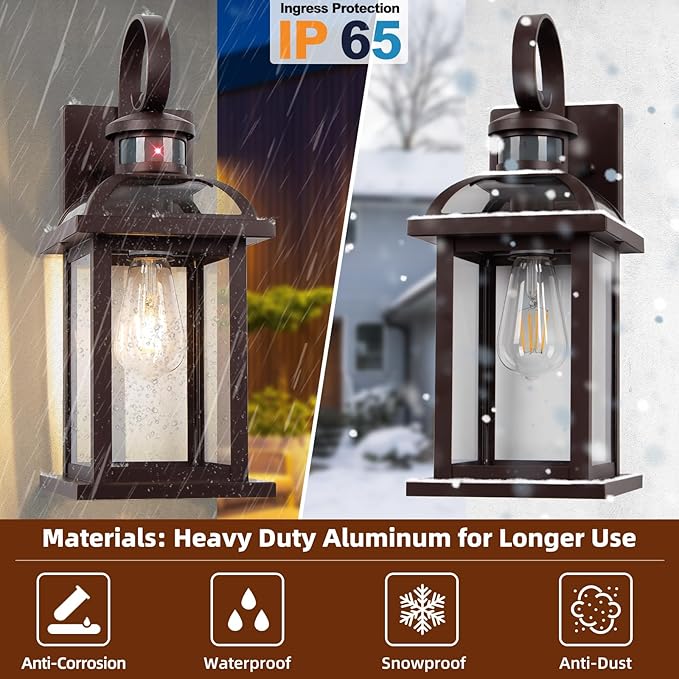 Motion Sensor Outdoor Lights Oil Rubbed Bronze Dusk to Dawn 2-Pack, Anti-Rust Exterior Light Fixtures IP65 Waterproof Front Porch Lights Brown Outdoor Sconces Wall Mounted 16 Inch