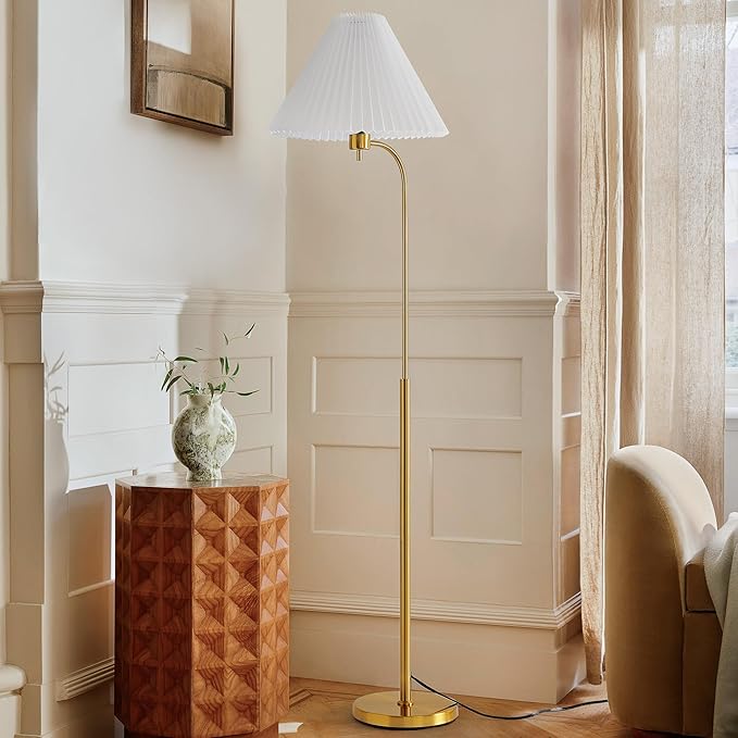Retro Floor Lamp – 63” Mid Century Modern Floor Lamp with White Pleated Empire Shade, Minimalist Curved Brass Pole Arc Mid-Century Standing Lamp for Cozy Living Room, Bedroom, Reading Corner (Gold)