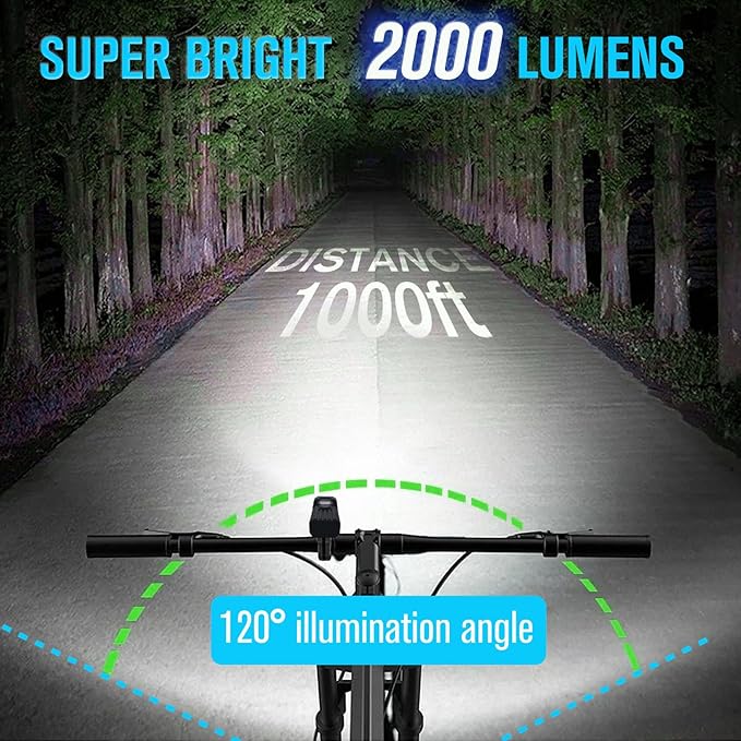 Super Bright Real 2000 Lumens Bike Lights for Night Riding,Rechargeable Bicycle Lights Front and Rear,Road Mountain Bike Headlight and Taillight,IP65 Waterproof Bicycle Headlight