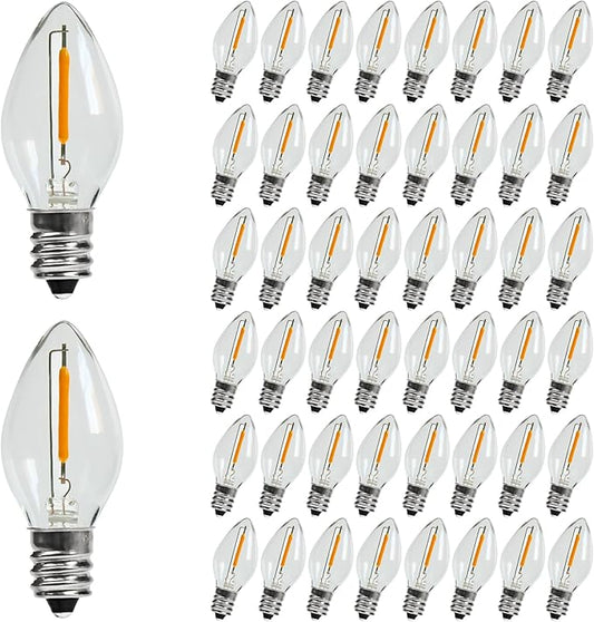 KGC 50Pack C7 Christmas Replacement LED Light Bulbs - 0.6W Equivalent to 7W, Warm White 2200K, Waterproof Clear Plastic Night Light Bulbs, C7 E12 Candelabra Base for Christmas String Light