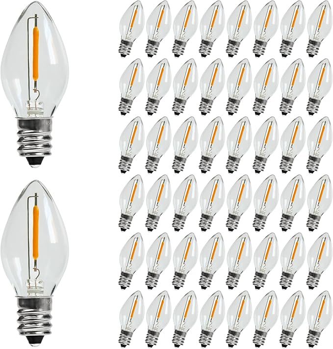KGC 50Pack C7 LED Christmas Light Bulb, E12 Base LED Bulbs, 2200K Warm White 50LM, Clear Plastic Night Lights C7 Replacement Bulbs for Christmas String Lights.
