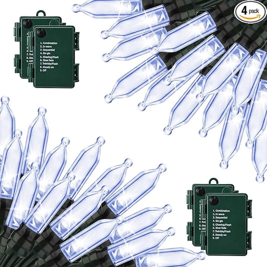 Lomotech Battery Operated Christmas Lights - 4 Pack Total 66ft 200LEDs Mini String Lights 8 Modes Waterproof with Timer for Home, Garden, Party, Holiday, Tree Decoration (Green Wire, White)