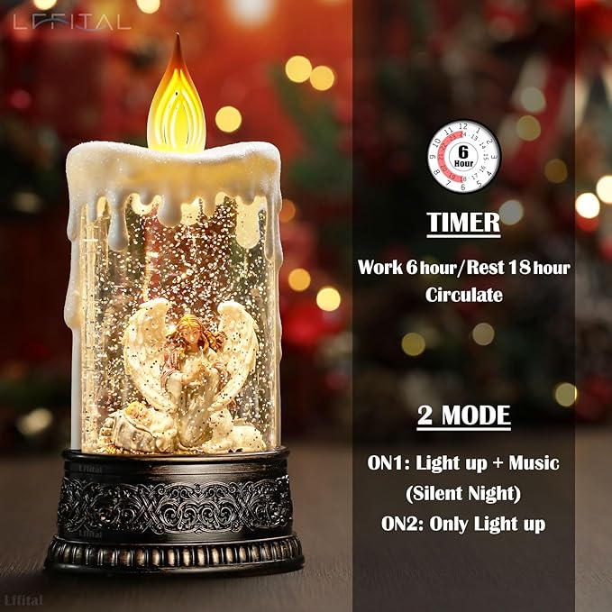 Angel Christmas Snow Globe Lantern, Nativity Lighted Christmas Decorations for Home Candle Shaped Snow Lantern with Music Timer Glittering, Home Decor Festival Gife, USB & Battery Operated