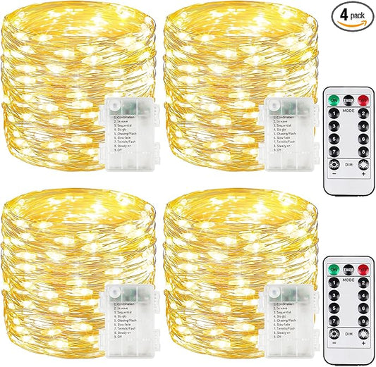 4 Pack Christmas Fairy Lights Battery Operated with Remote, Each 33FT 100LED Waterproof Twinkle Lights with Timer, String Light Indoor & Outdoor for Bedroom Wedding Christmas Decorations (Warm White)