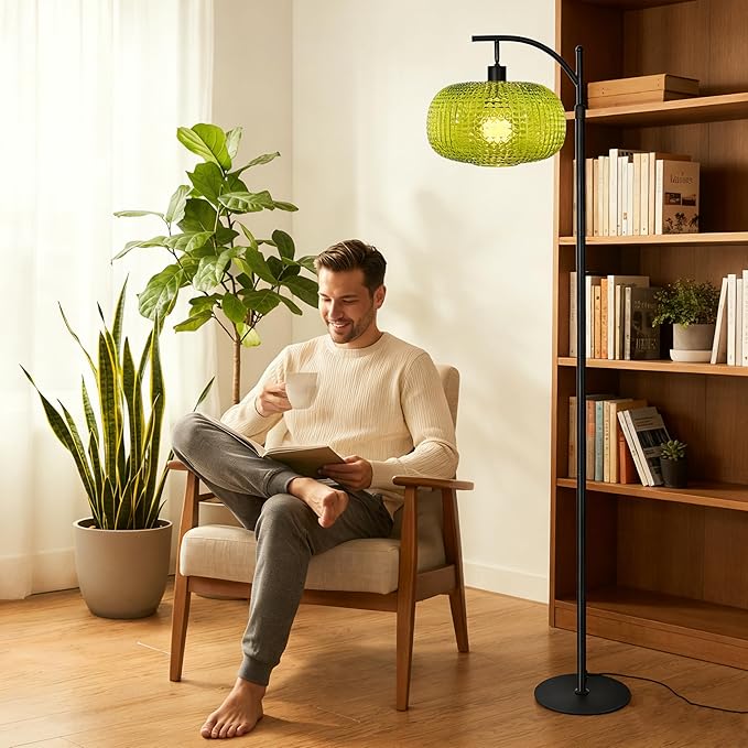 Floor Lamp for Living Room with Green Glass Shade, Modern Standing Lamp with Remote Control, Black Dimmable Tall Lamp for Bedroom Office with 12W LED Bulb