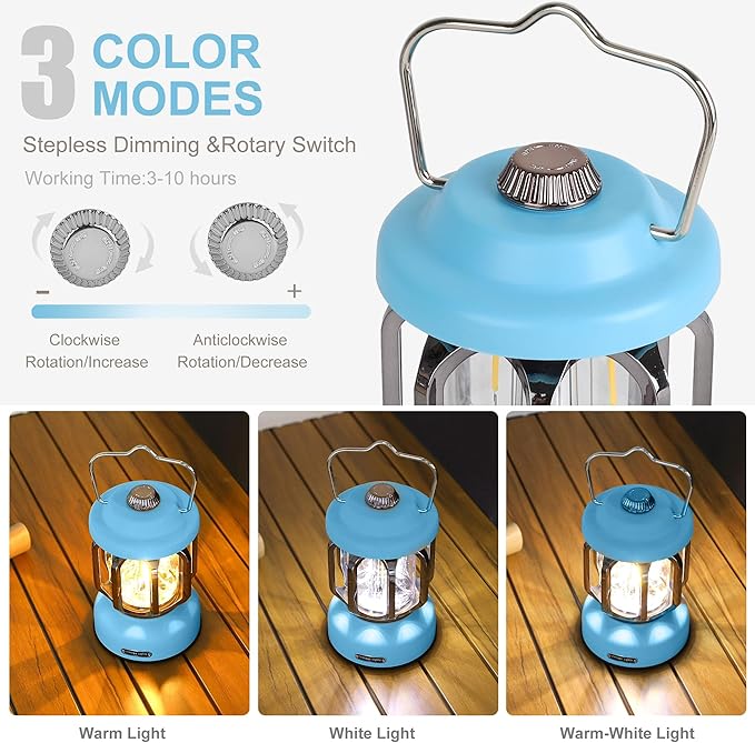 Rechargeable LED Camping Lanterns, Vintage Camping Lights Battery Operated, Portable Retro Metal Glamping Lights for Hiking, Hurricane, Decoration, Power outages, Blue, 1 Pack