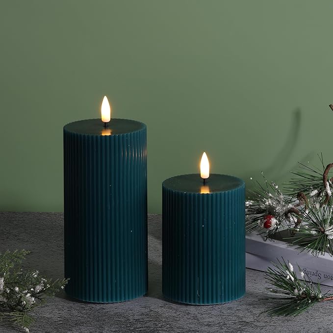 Green Ribbed Flameless Pillar Candles with Remote, 2 Pack Flickering Battery Operated LED Wax Candles Φ 3" H 4" 6"