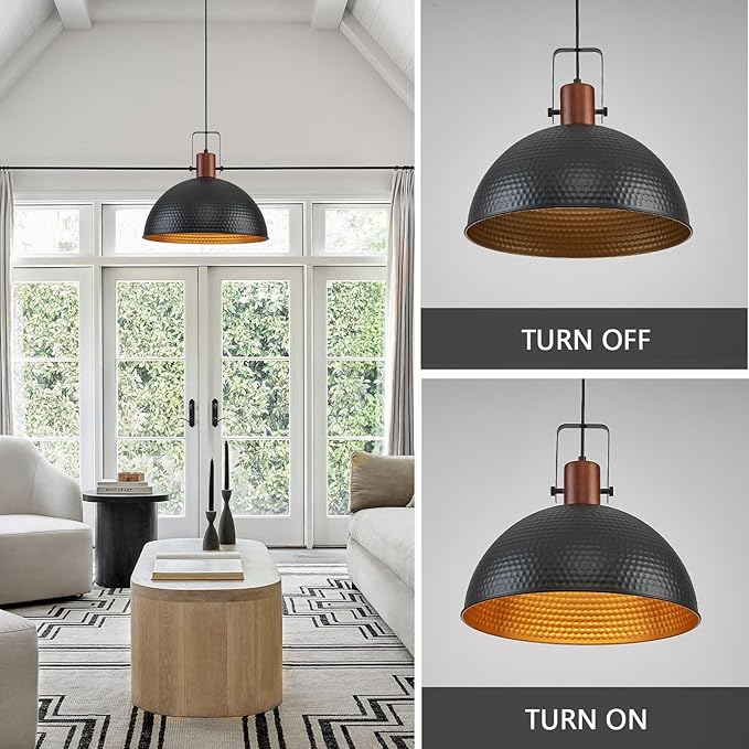 16 Inch Black Pendant Lights Hammered Matte Pendant Lights for Kitchen Island Industrial Farmhouse Adjustable Height Dome Hanging Light Fixtures for Barn, Dining Room 1 Pack