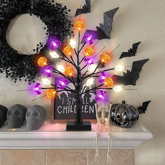 Mosoan 18 Inch Black Halloween Tree Light with 24 LED Pumpkin Bat Ghost Lights, Timer/USB/Battery Operated Halloween Lights, Indoor/Outdoor for Home, Table, Porch, Mantle, Party Decor