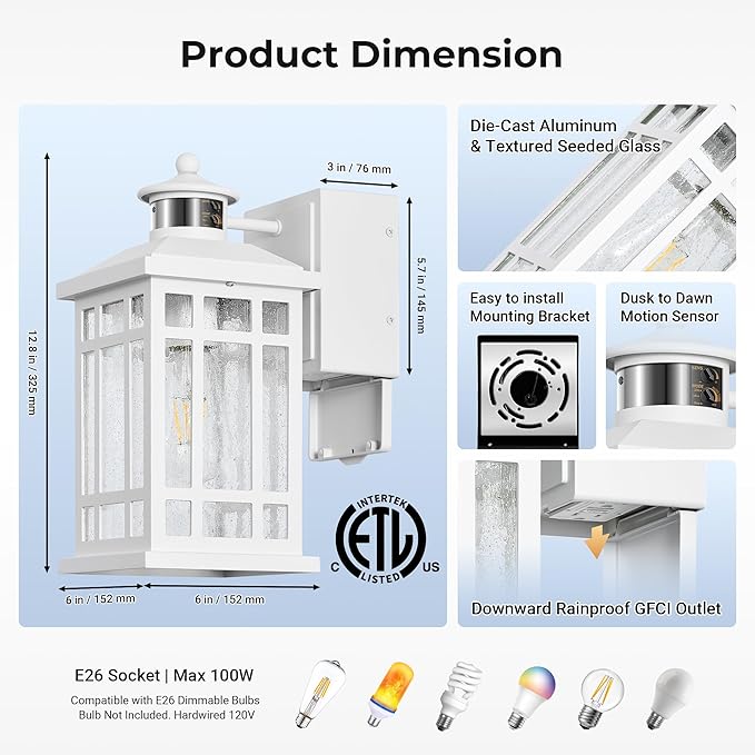 White Motion Sensor Outdoor Lights with GFCI Outlet, Distance and Time Adjustable Exterior Lighting Fixtures, Dusk to Dawn Outside Light for House, Porch, Garage, 5 Modes, Waterproof, Anti-Rust