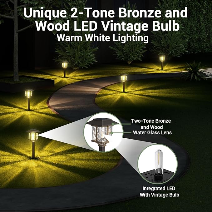 XMCOSY+ Solar Outdoor Lights Waterproof IP65, Solar-Powered Garden/Yard/Pathway Lights with Warm White 2-Tone Bronze-Wood Stainless Steel Design for Landscape Driveway Walkway Decorative