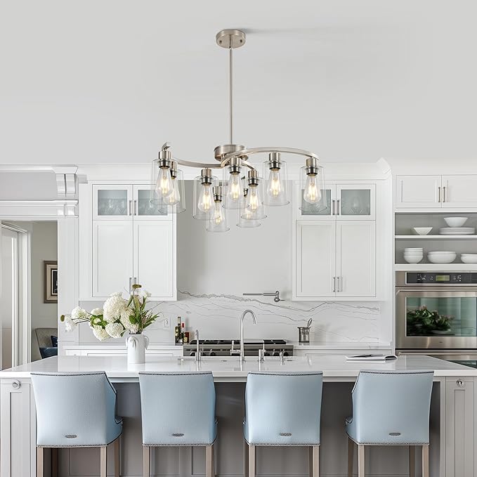 9-Light Brushed Nickel Kitchen Light Fixtures ，29.5" Large Chandeliers for Dining Room， Modern Dining Table Light Fixture，Metal Bracket Pendant Lighting with Downward Clear Glass Shade