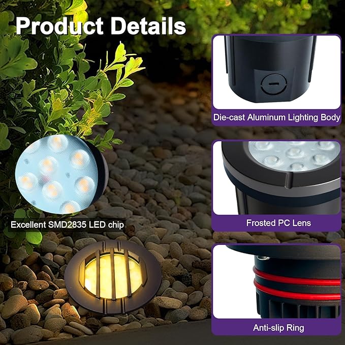 6W Well Lights, Grated Top, 3000K, 12-24V AC/DC, Outdoor In-ground Lights with Wire Connectors, IP65 Waterproof Low Voltage Lighting for Garden Fence Pathway Deck, ETL Certified, 4 Pack