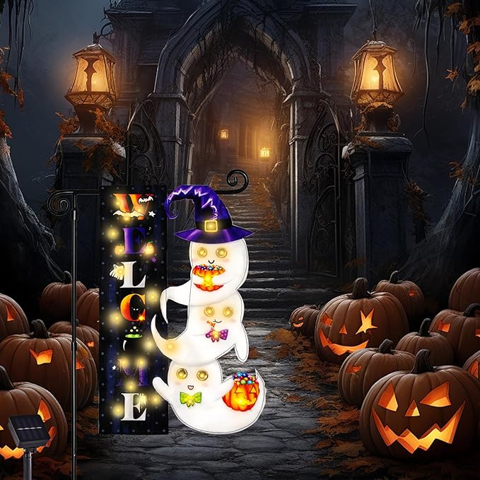 Halloween Lighted Garden Flag, Solar Welcome Ghost Yard Flag for Outside, 8 Modes Double Sided Welcome Halloween Ghost Outdoor Decorations for Home Porch