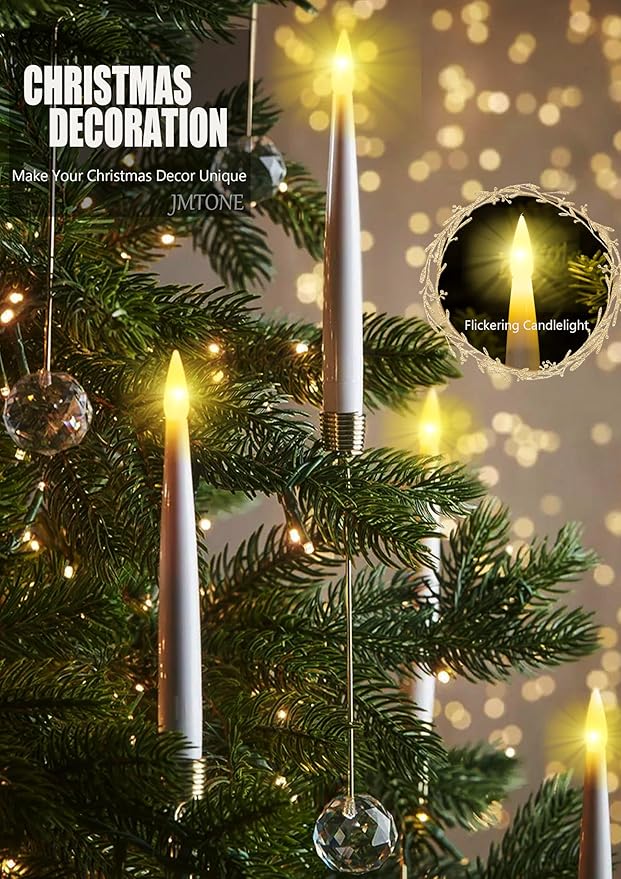 Christmas Tree Candles, 12 Pack Flameless Taper Candles for Christmas Tree Decor, Battery Operated with Remote Flickering LED Candles with Clear Crystal Ball Gold Hook for Xmas Gift Wedding Home Decor