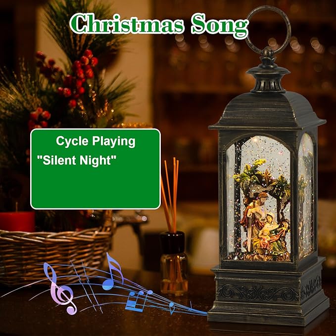 DRomance Nativity Music Snow Globe Lantern with Timer Battery Operated & USB Powered Lighted Singing Snow Globe Lamp Spinning Water Swirling Glitters Christmas Holiday Decor 3.7 x 3.7 x 11.4 Inches