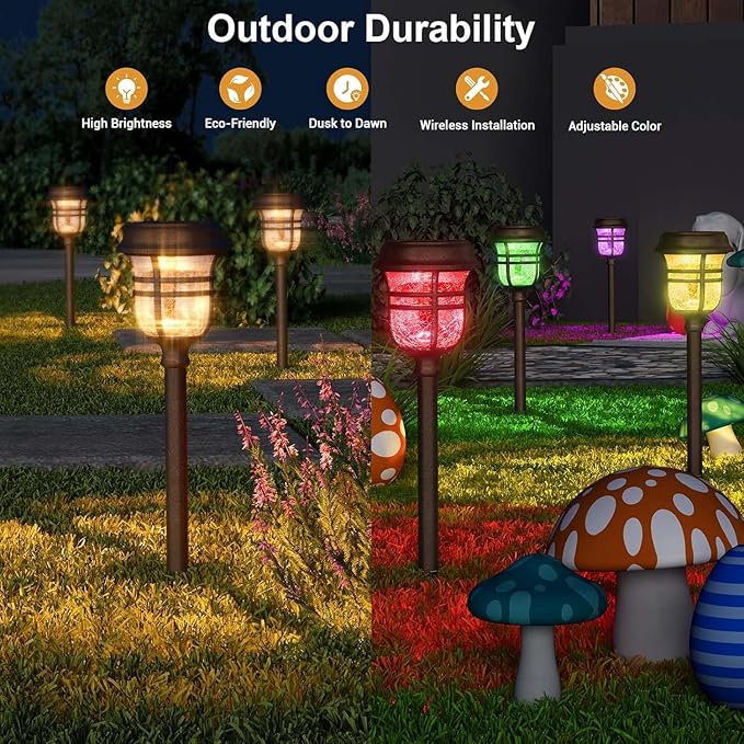 XMCOSY+ Solar Pathway Lights Outdoor, 2 Lighting Modes Warm White & RGB Auto Color Changing LED Solar Powered Garden Lights IP65 Waterproof for Yard Walkway Driveway Landscape Decorative Lawn (6 Pack)
