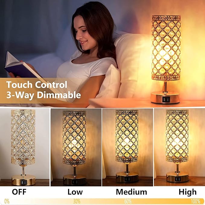 Gold Crystal Table Lamp, Bedside Nightstand Desk Lamp Touch Control Night Light Women Bedroom Decor Bling Lamps with 4 USB Ports & Bulb Included for Home, Office, Living Room