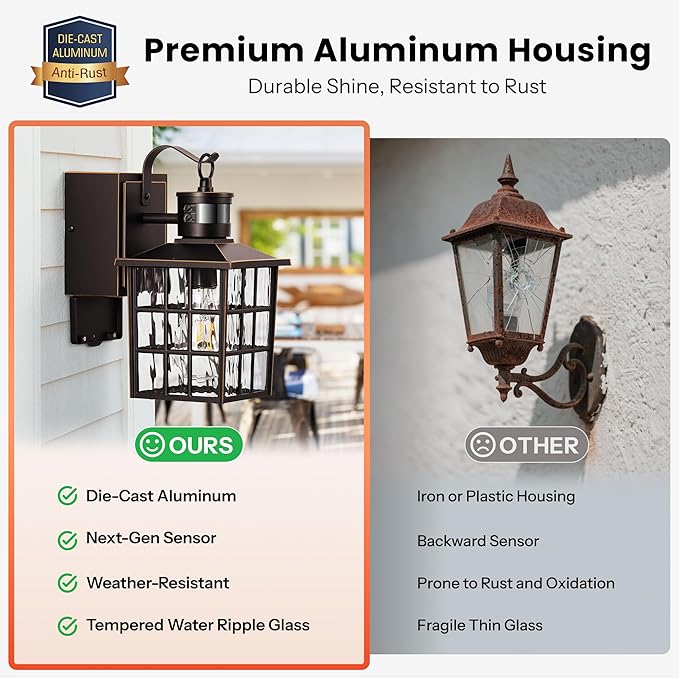Gleamz Motion Sensor Exterior Garage Lighting Fixtures with GFCI Outlet, Farmhouse Oil Rubbed Bronze Gold Trim Outdoor Porch Lights Wall Mount, Waterproof Dusk to Dawn Outdoor Sconce Lights for House