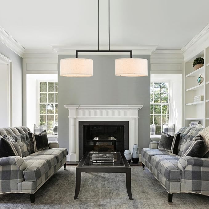 39” Modern Chandelier Off-White Fabric Shade 2-Lights Adjustable Industrial Pendant Light Large Farmhouse Contemporary Pendant Lighting Fixtures for Dining Living Room Kitchen, UL Listed
